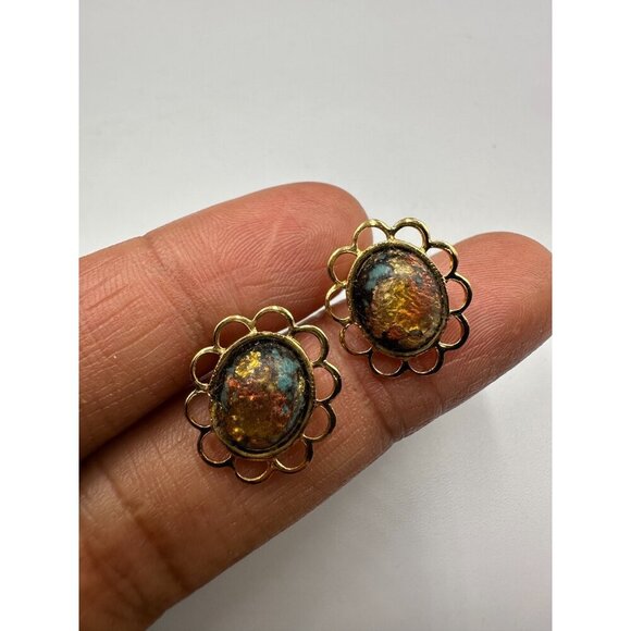 3/$30 Vintage Rainbow Flake Earrings Gold Tone Studs Iridescent Foil Cabochons - Picture 2 of 10